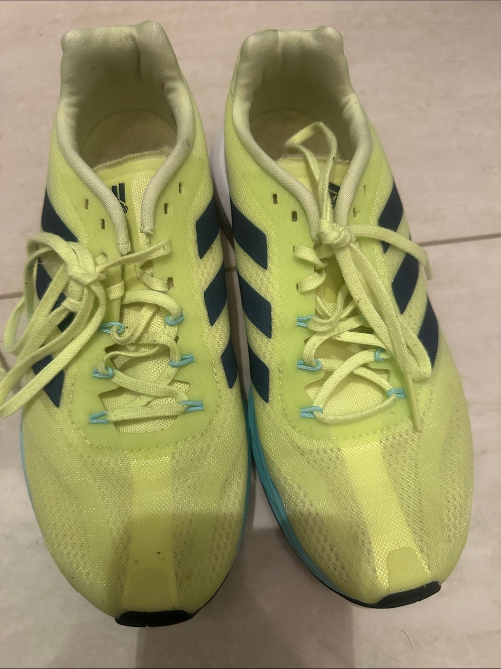 adidas Neon Yellow Running Sneakers with Navy Stripes size UK 5.